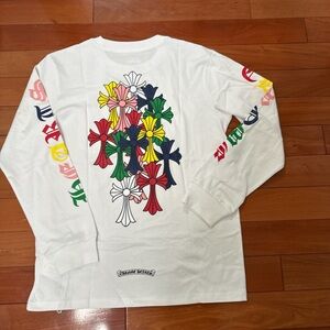 White Long Sleeve Graphic Tee with Multicolor Floral Cross Motifs